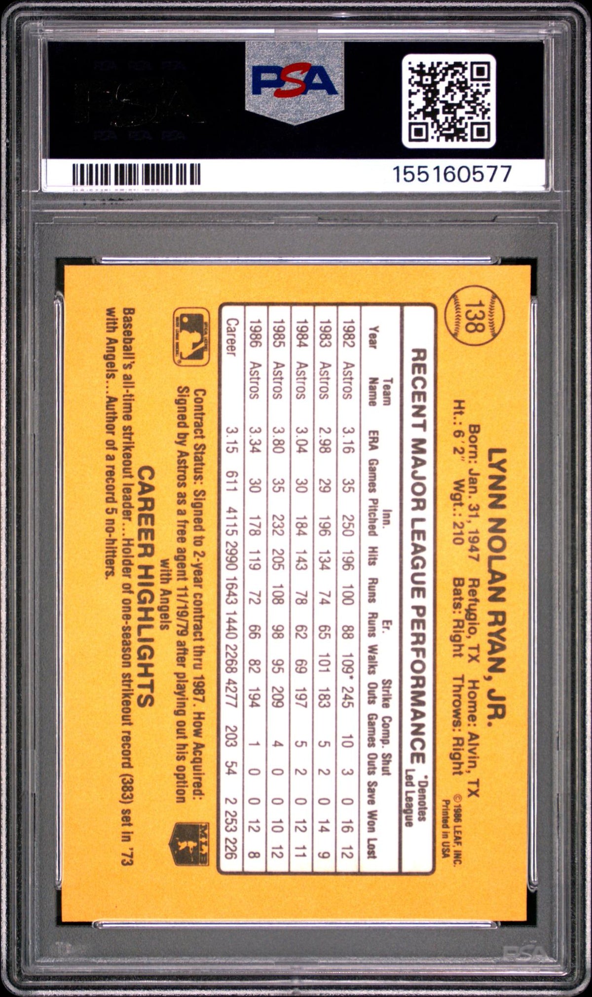 1987 Donruss Nolan Ryan #138 PSA 7