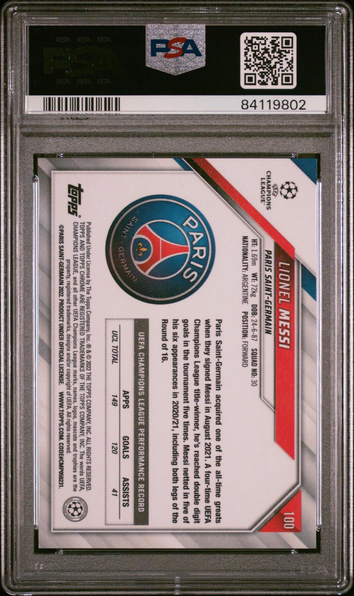 2021 Topps Chrome UEFA Champions League Lionel Messi #100 PSA 10