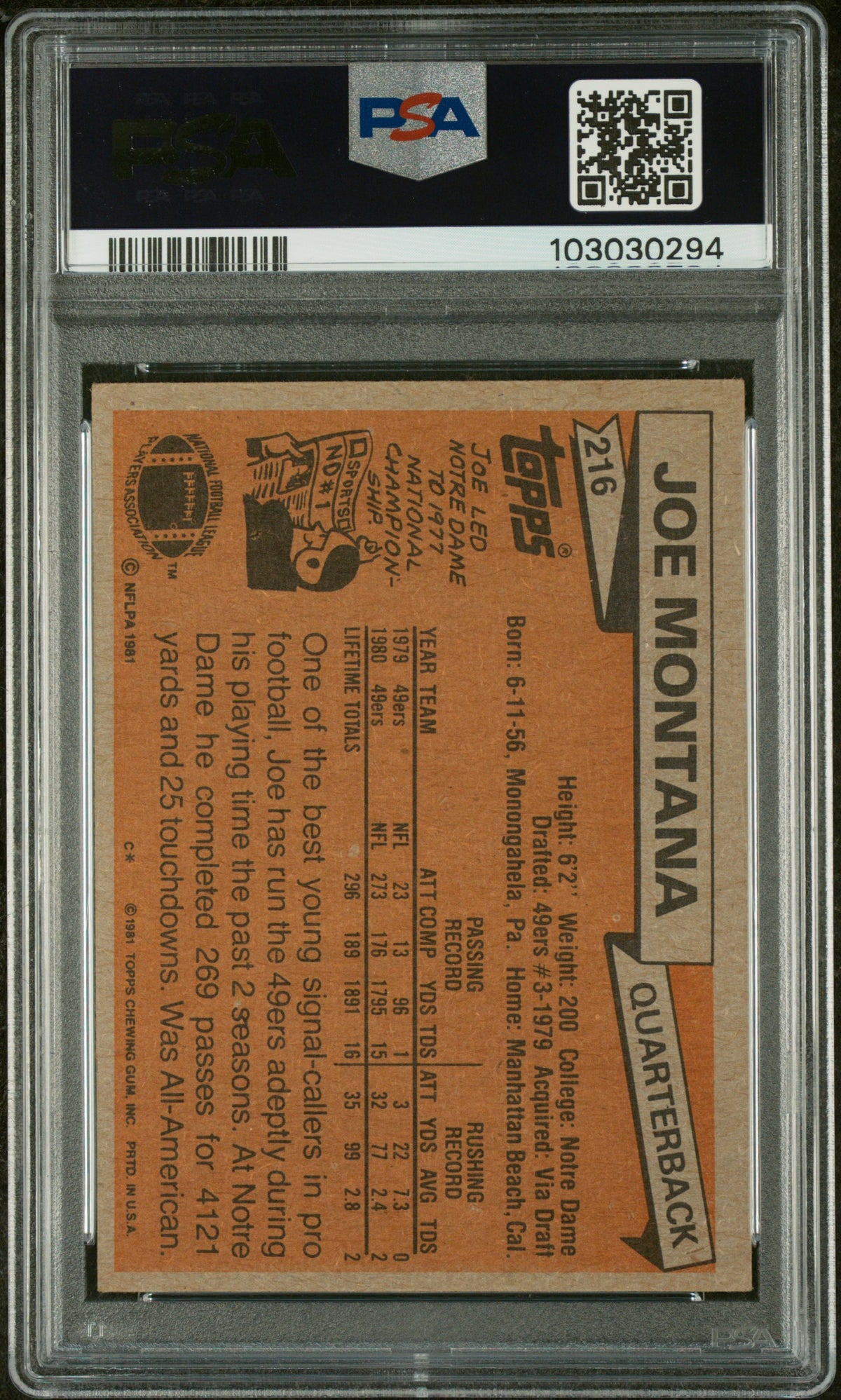 1981 Topps Joe Montana #216 PSA 4