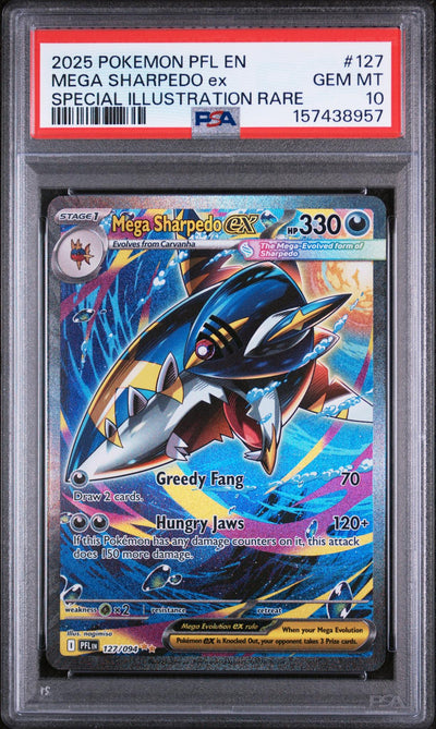 2025 Pokemon Mega Evolution Phantasmal Flames Special Illustration Rare Mega Sharpedo Ex #127 PSA 10