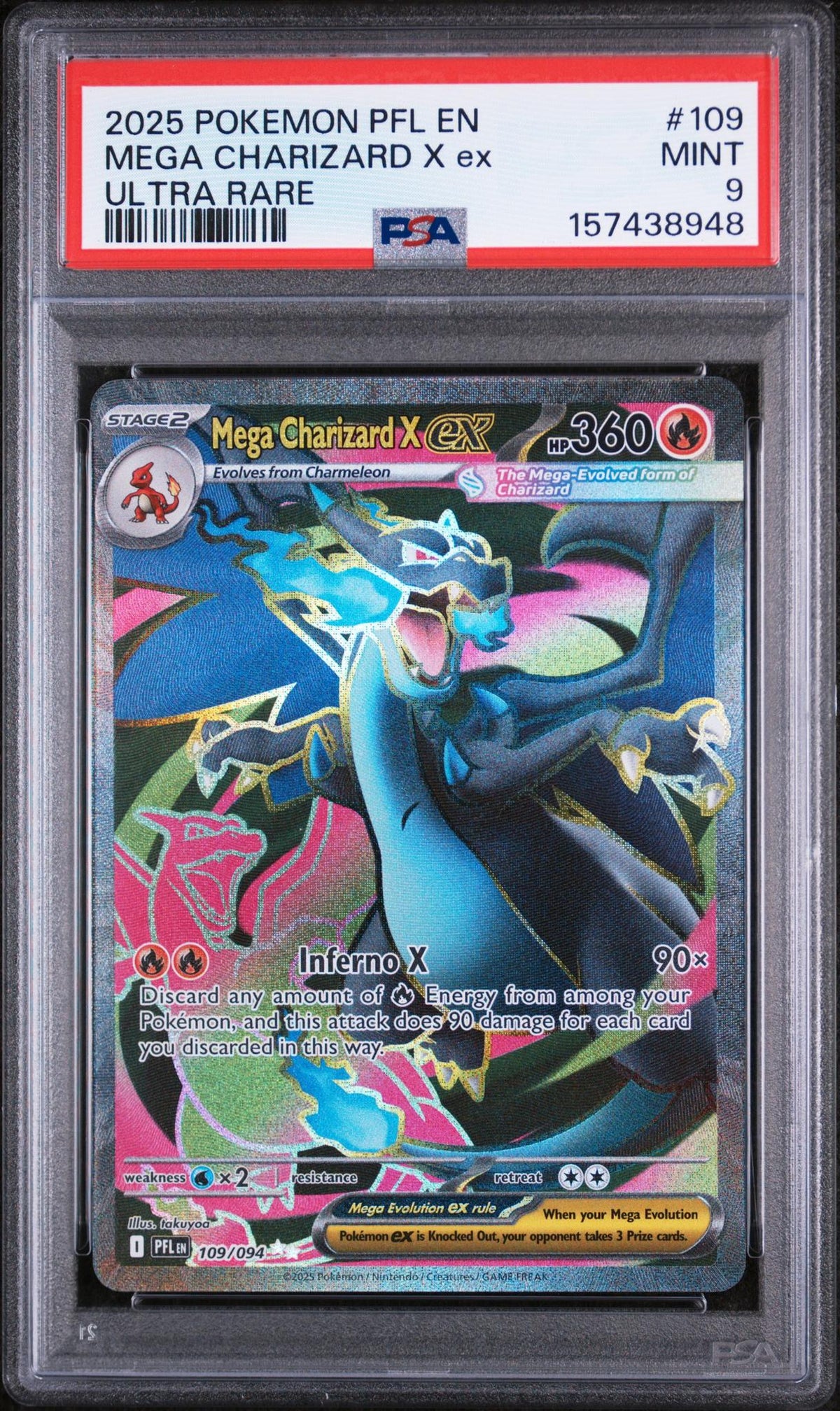 2025 Pokemon Mega Evolution Phantasmal Flames Ultra Rare Mega Charizard X Ex #109 PSA 9