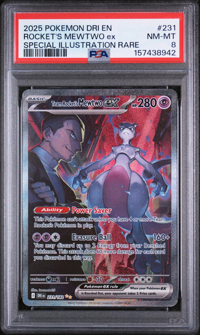 2025 Pokemon Scarlet and Violet Destined Rivals Special Illustration Rare Team Rocket's Mewtwo Ex #231 PSA 8