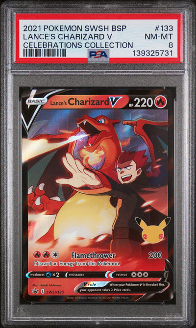 2021 Pokemon Sword and Shield Black Star Promo Celebrations Collection Lance's Charizard V #SWSH133 PSA 8
