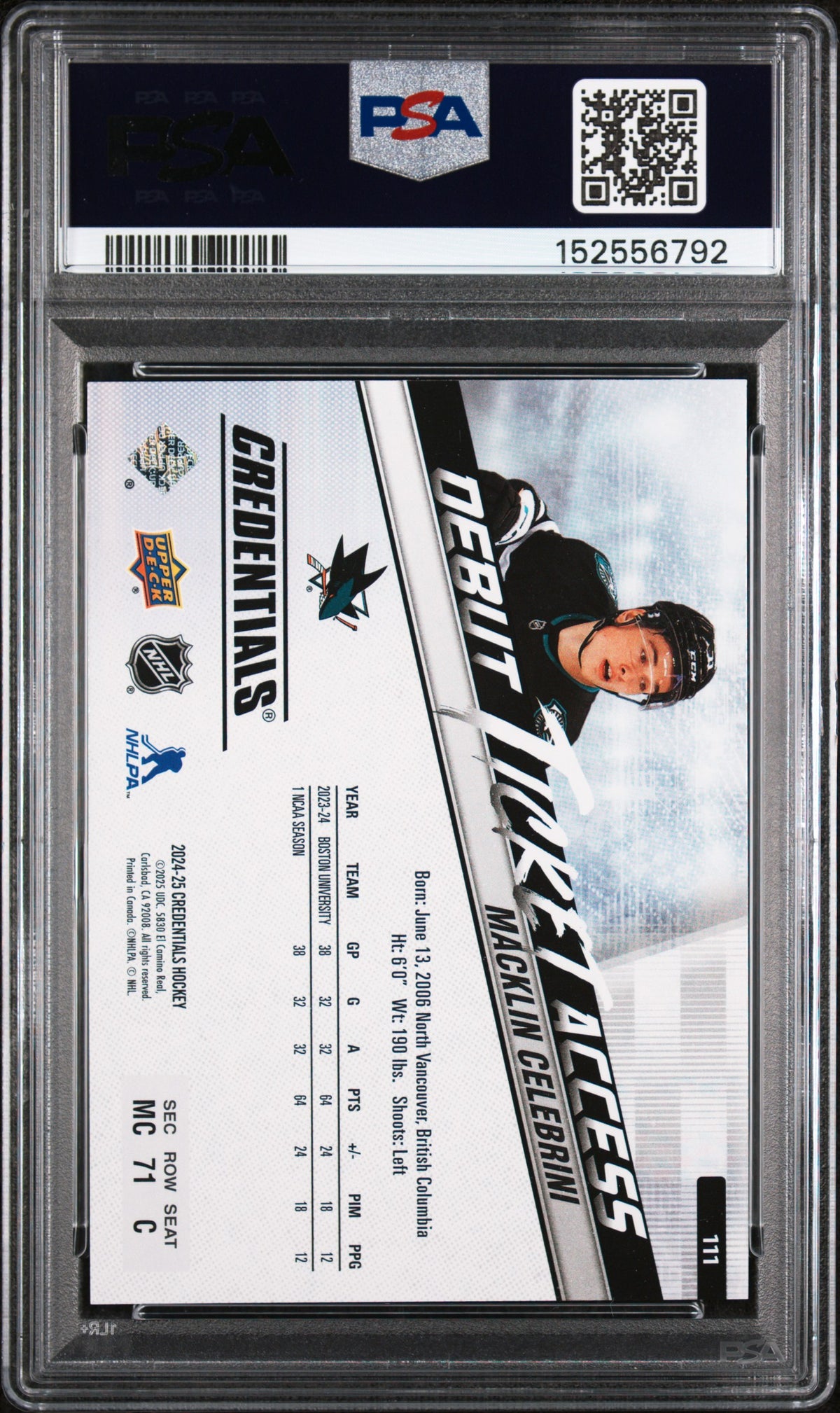 2024 Upper Deck Credentials Horizontal Macklin Celebrini #111 PSA 10