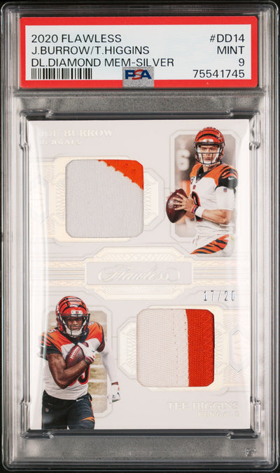 2020 Panini Flawless Dual Diamond Memorabilia Silver Joe Burrow/Tee Higgins #DD14 /20 PSA 9