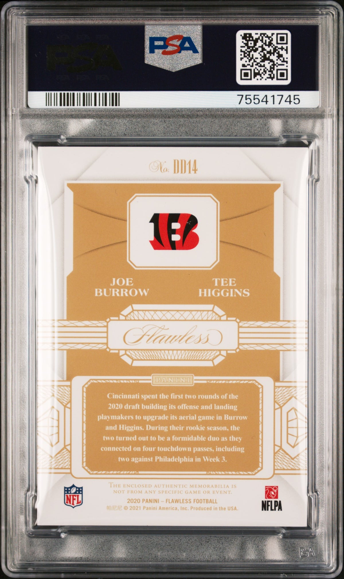 2020 Panini Flawless Dual Diamond Memorabilia Silver Joe Burrow/Tee Higgins #DD14 /20 PSA 9