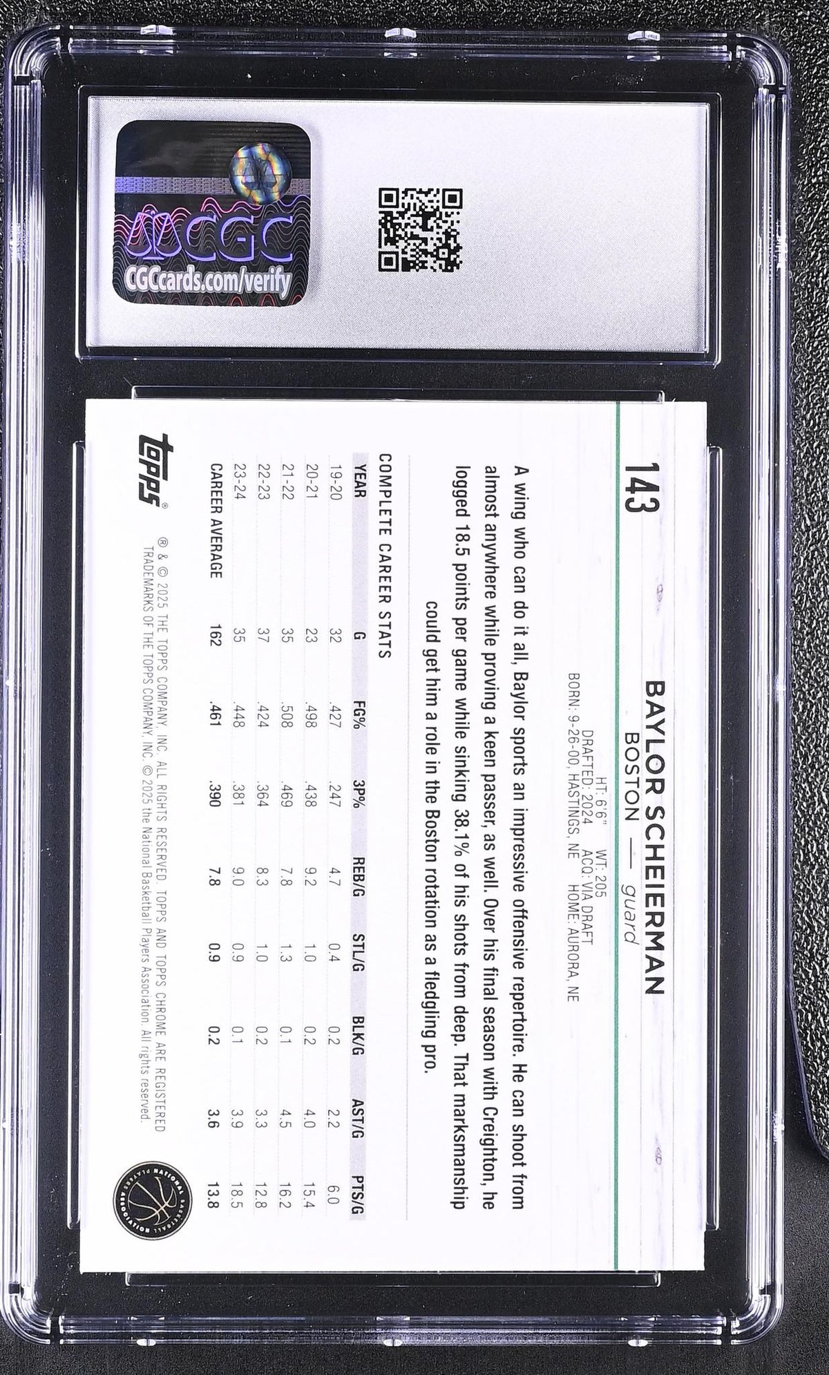 2024 Topps Chrome #143 Baylor Scheierman Prism Refractor CGC 10