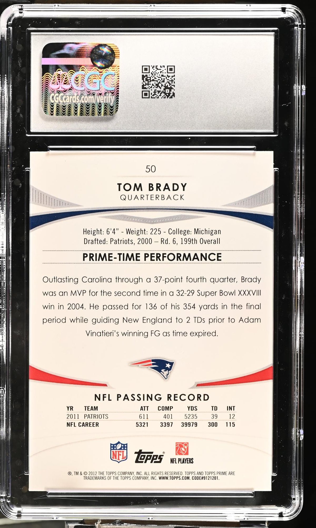 2012 Topps Prime #50 Tom Brady CGC 9
