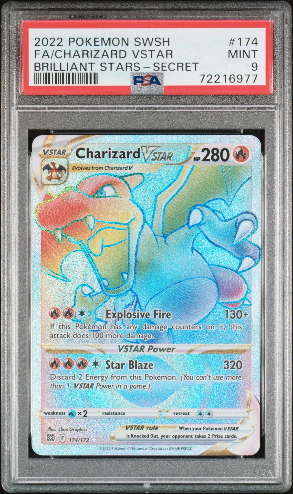 2022 Pokemon Sword and Shield Brilliant Stars Secret Rainbow Rare Charizard Vstar #174 PSA 9