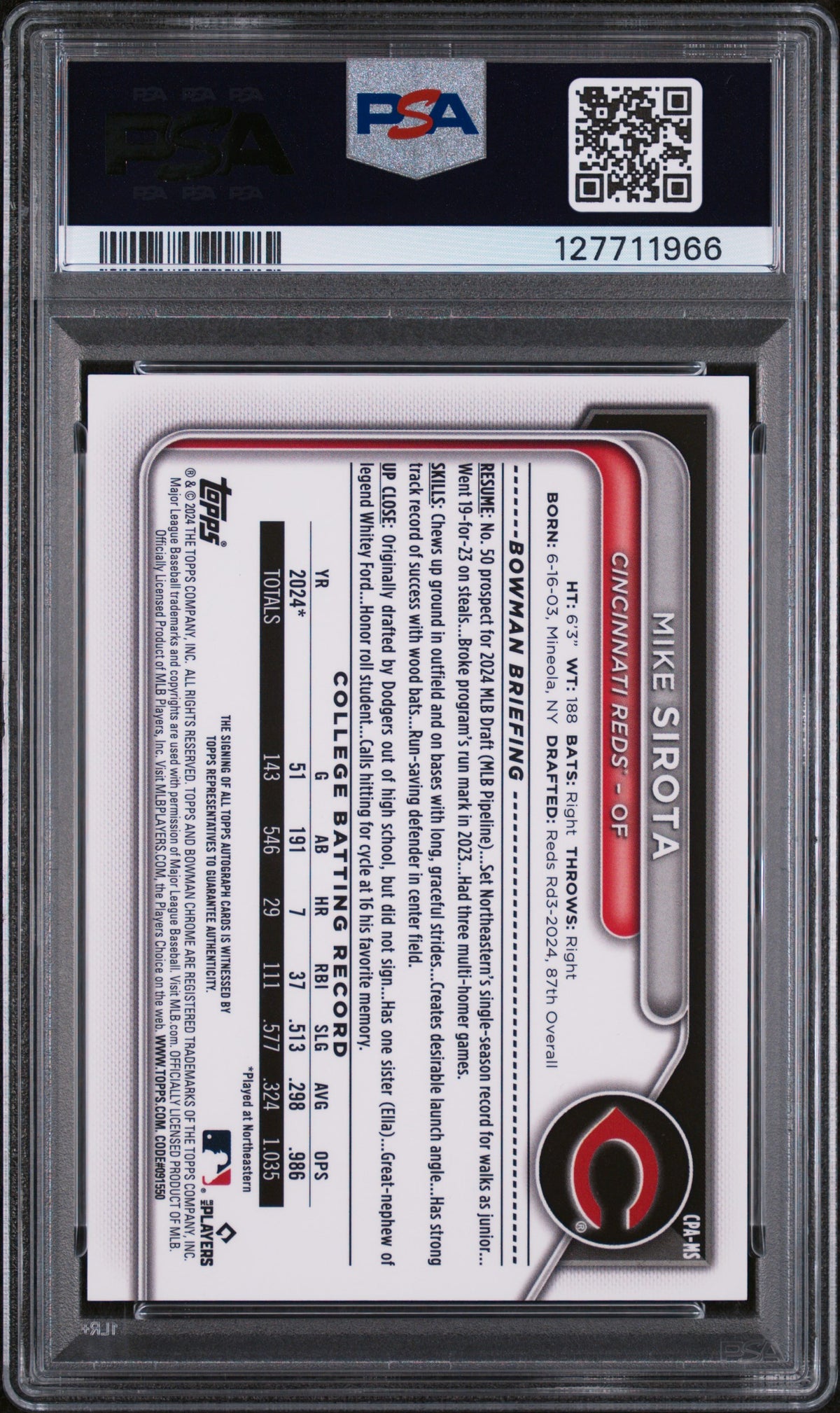 2024 Bowman Draft Chrome Prospect Autograph Mike Sirota #CPA-MS PSA 10