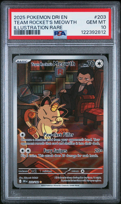 2025 Pokemon Scarlet and Violet Destined Rivals Illustration Rare Team Rocket's Meowth #203 PSA 10