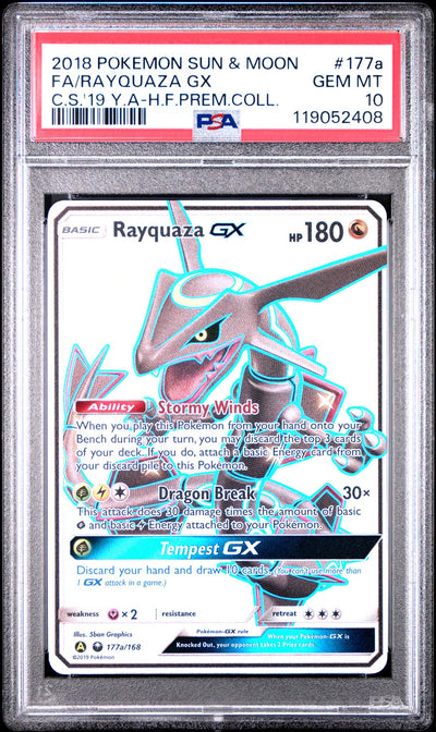 2018 Pokemon Sun and Moon Promo '19 Yellow A Hidden Fates Premium Collection Rayquaza Gx #177A PSA 10
