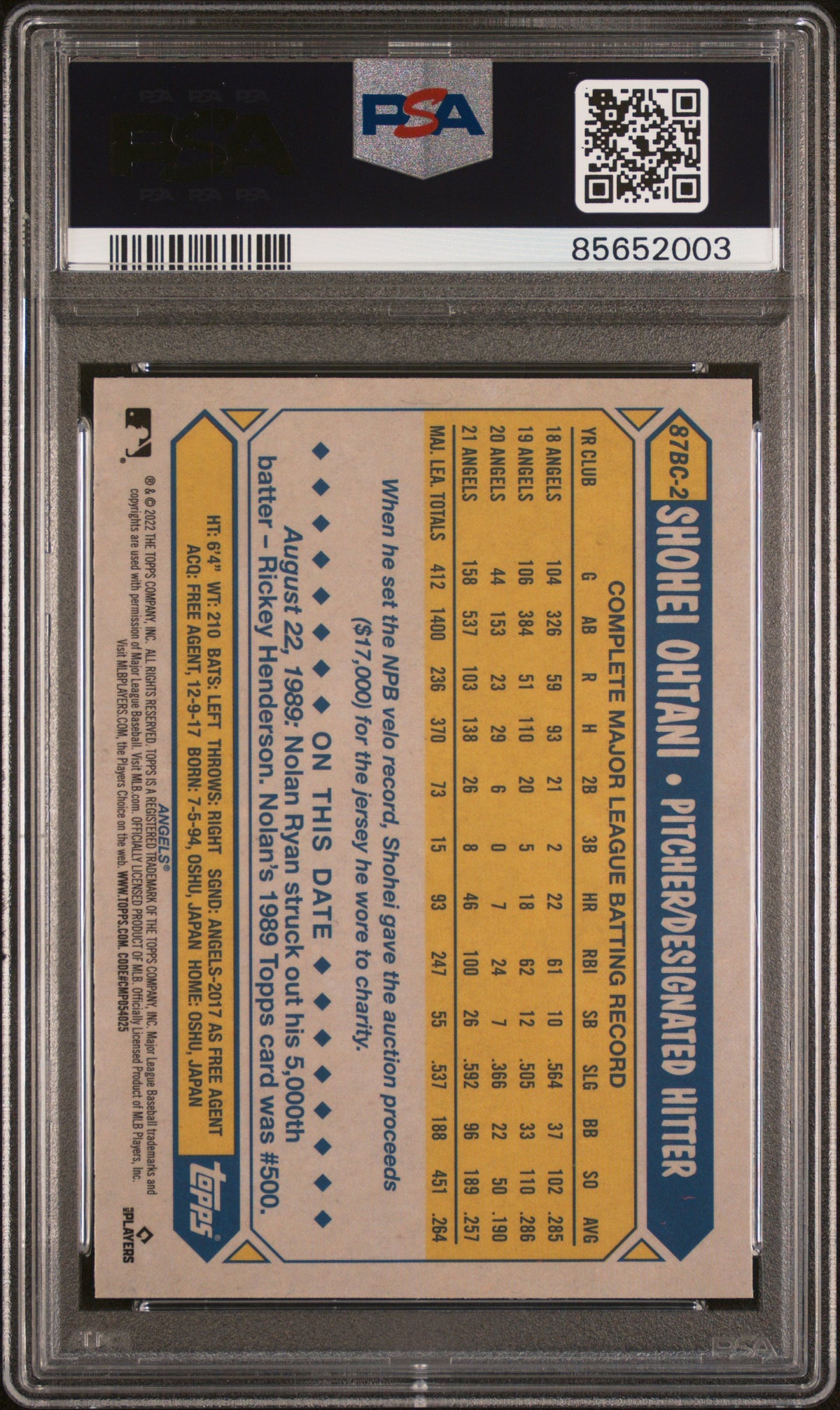 2022 Topps Chrome '87 Shohei Ohtani #87BC2 PSA 8