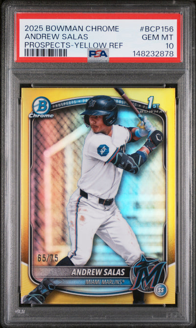 2025 Bowman Chrome Prospect Yellow Refractor Andrew Salas #BCP156 /75 PSA 10