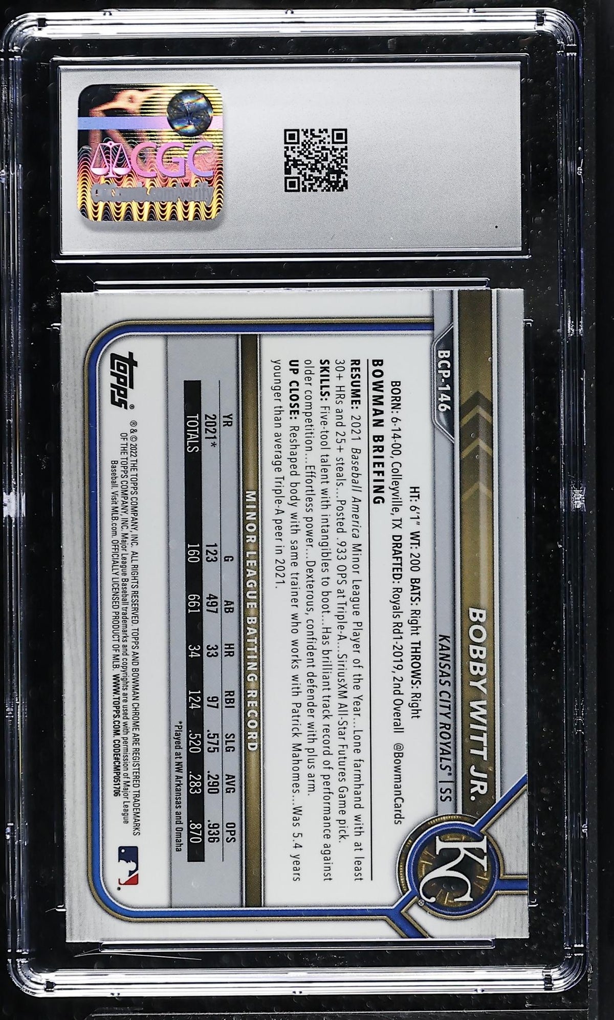 2022 Bowman Chrome Prospects Bobby Witt Jr. #BCP-146 CGC 9