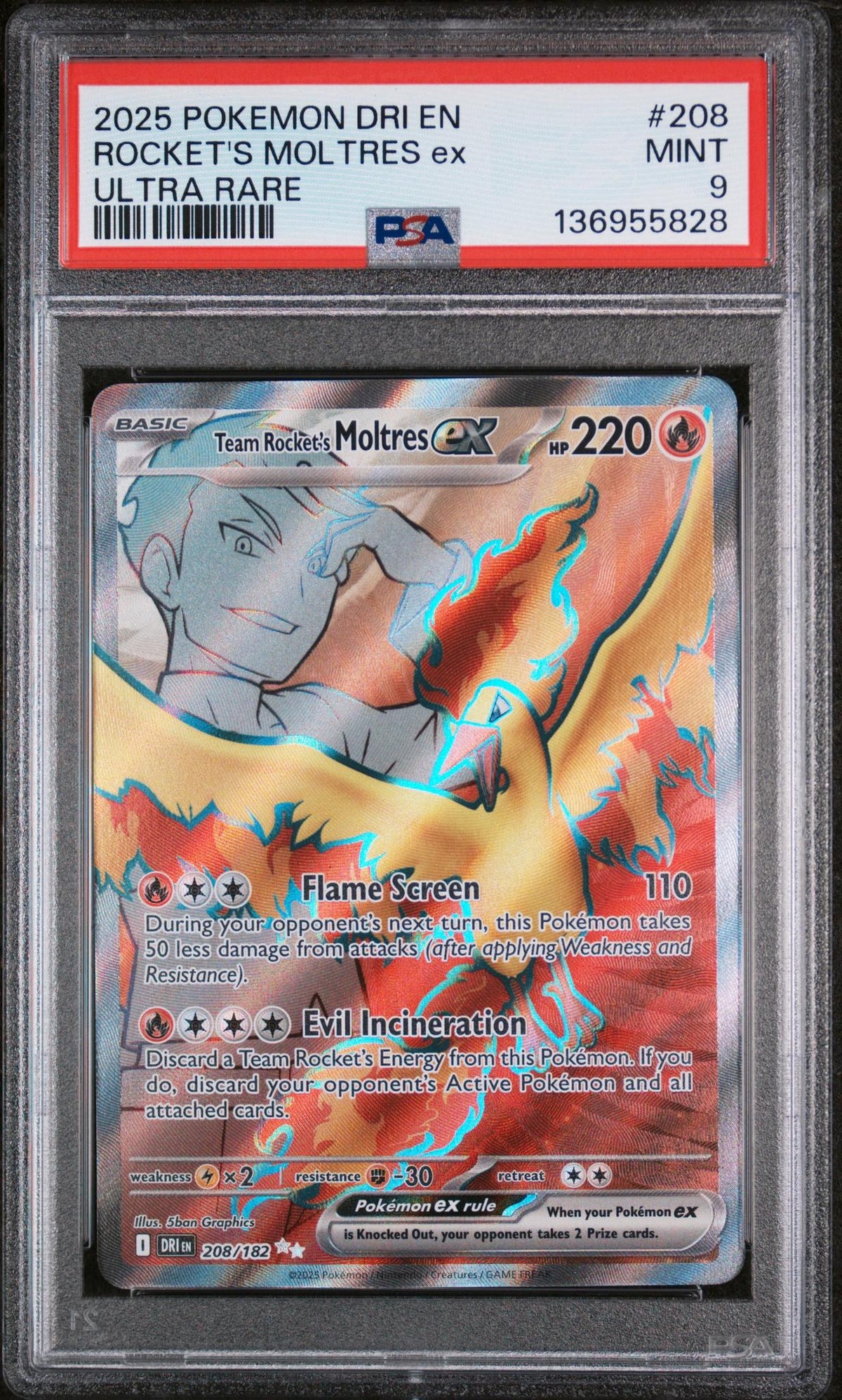 2025 Pokemon Scarlet and Violet Destined Rivals Ultra Rare Team Rocket’S Moltres Ex #208 PSA 9