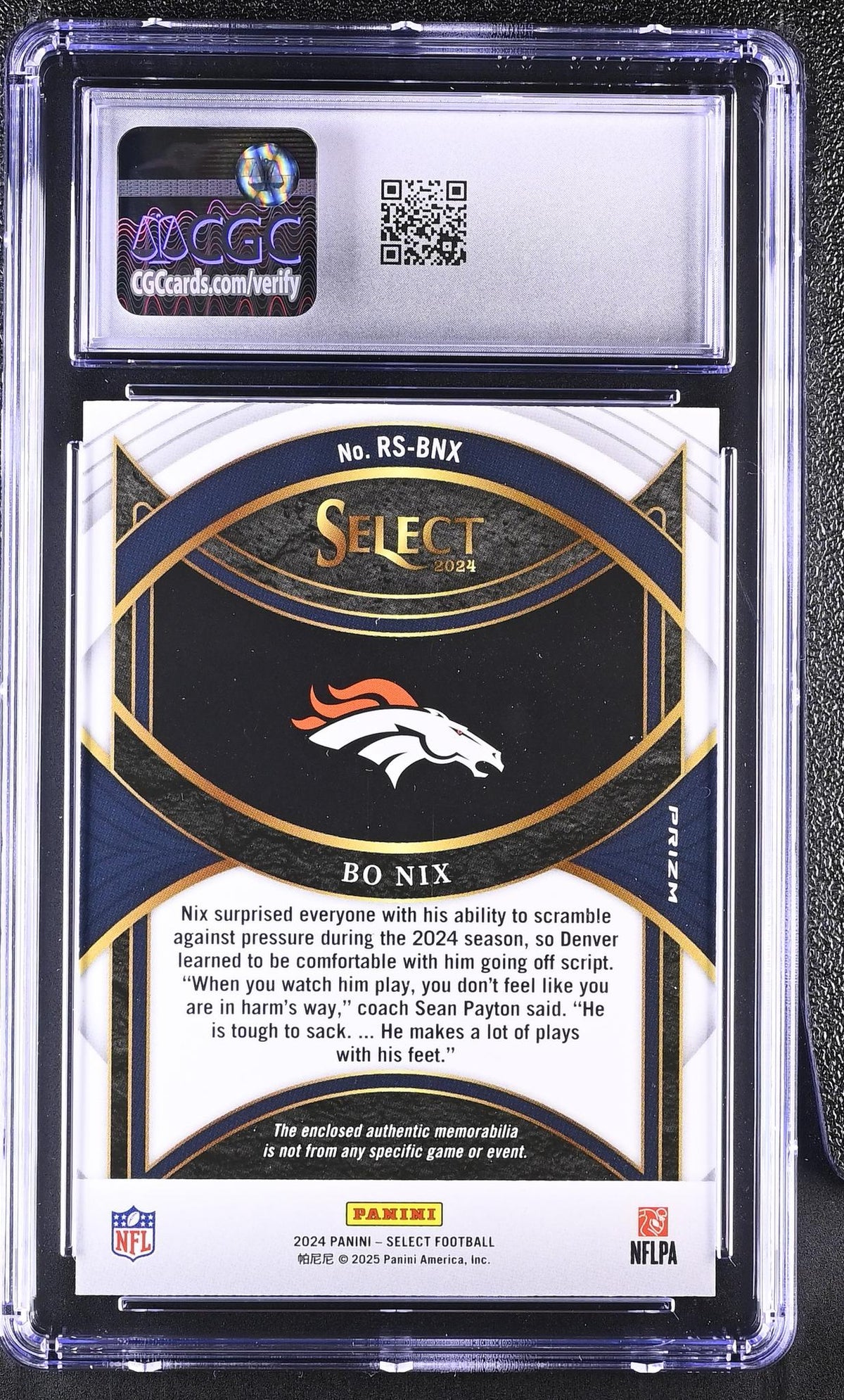 2024 Panini Select Rookie Swatches Bo Nix Red Jersey #RS-BNX CGC 8.5