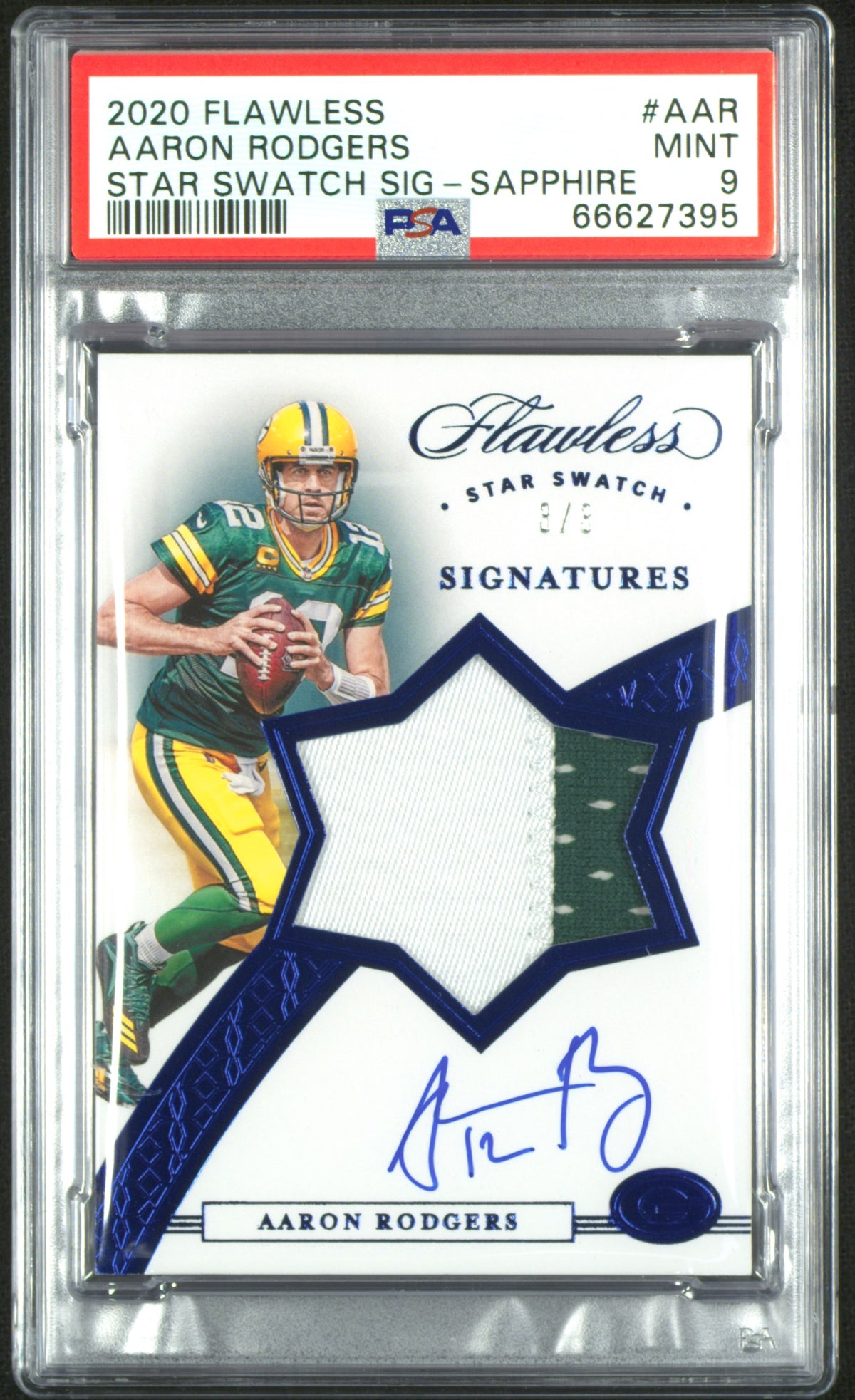 2020 Panini Flawless Star Swatch Signatures Sapphire Aaron Rodgers #AAR /3 /5 PSA 9