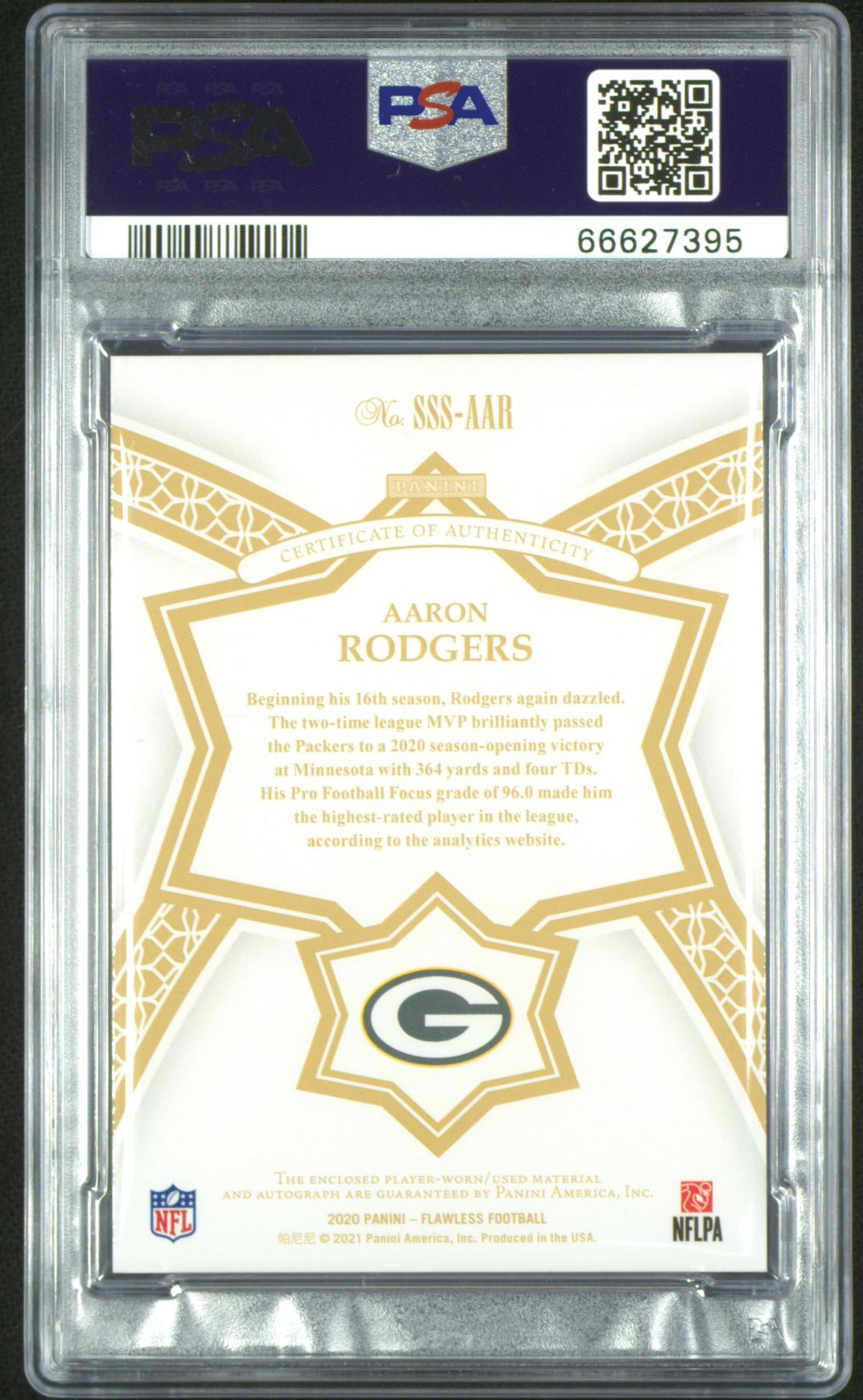 2020 Panini Flawless Star Swatch Signatures Sapphire Aaron Rodgers #AAR /3 /5 PSA 9