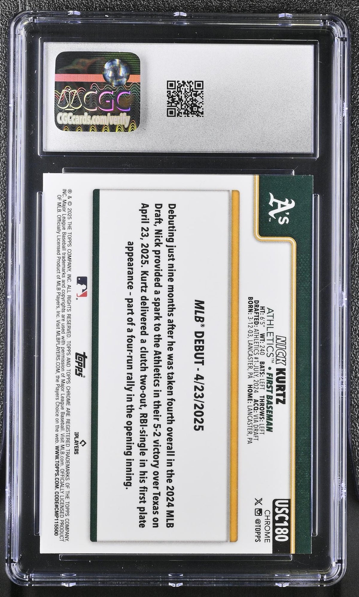 2025 Topps Chrome Update Nick Kurtz #USC180 Rookie Debut CGC 10