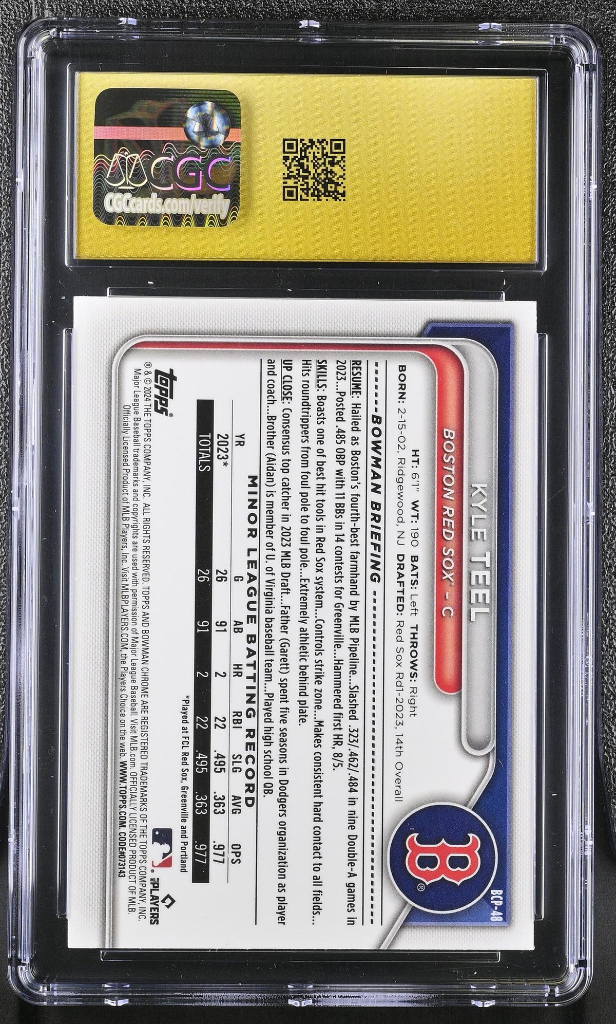 2024 Bowman Chrome Prospects #BCP-48 Kyle Teel Rookie CGC Pristine 10