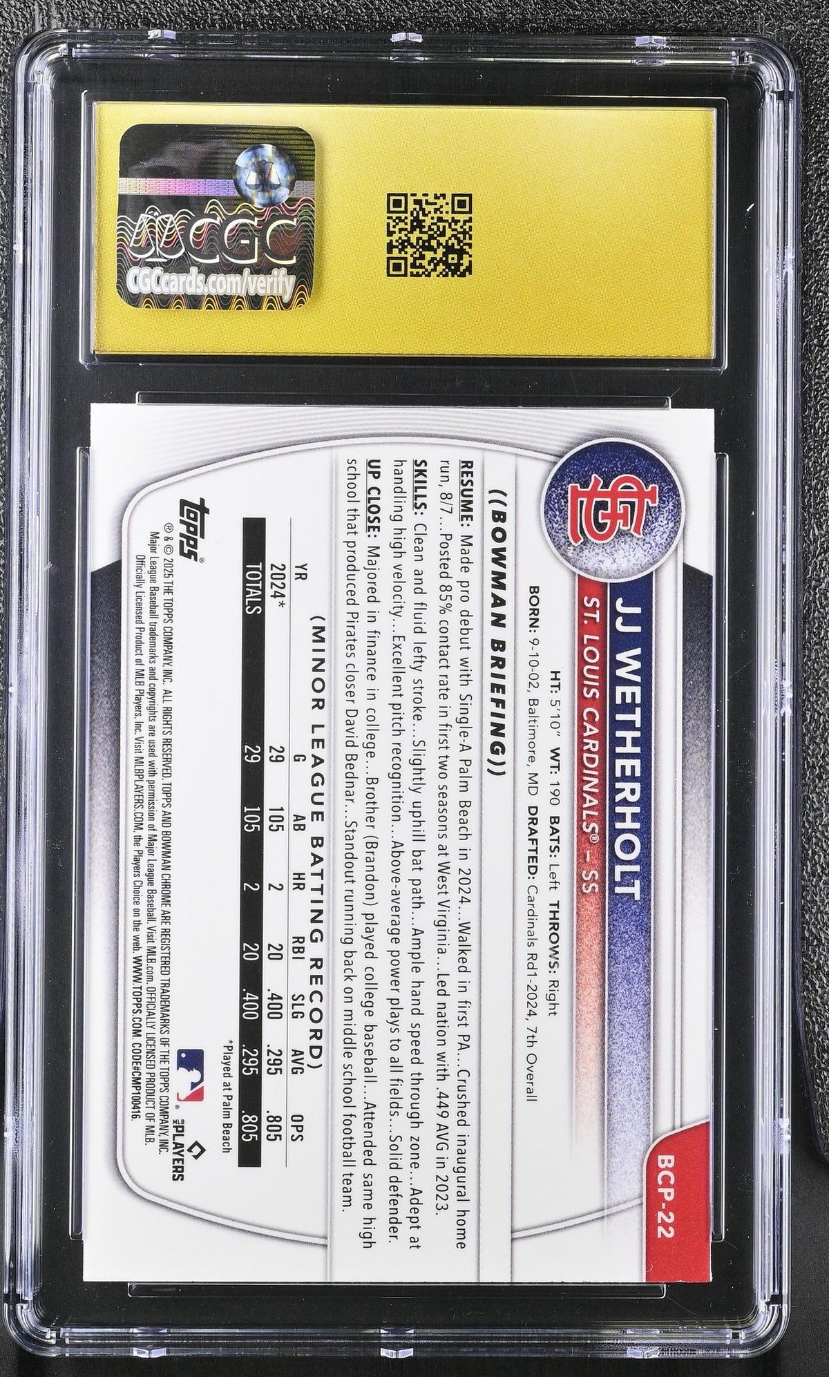 2025 Bowman Chrome Prospects JJ Wetherholt #BCP-22 1st Bowman CGC 10