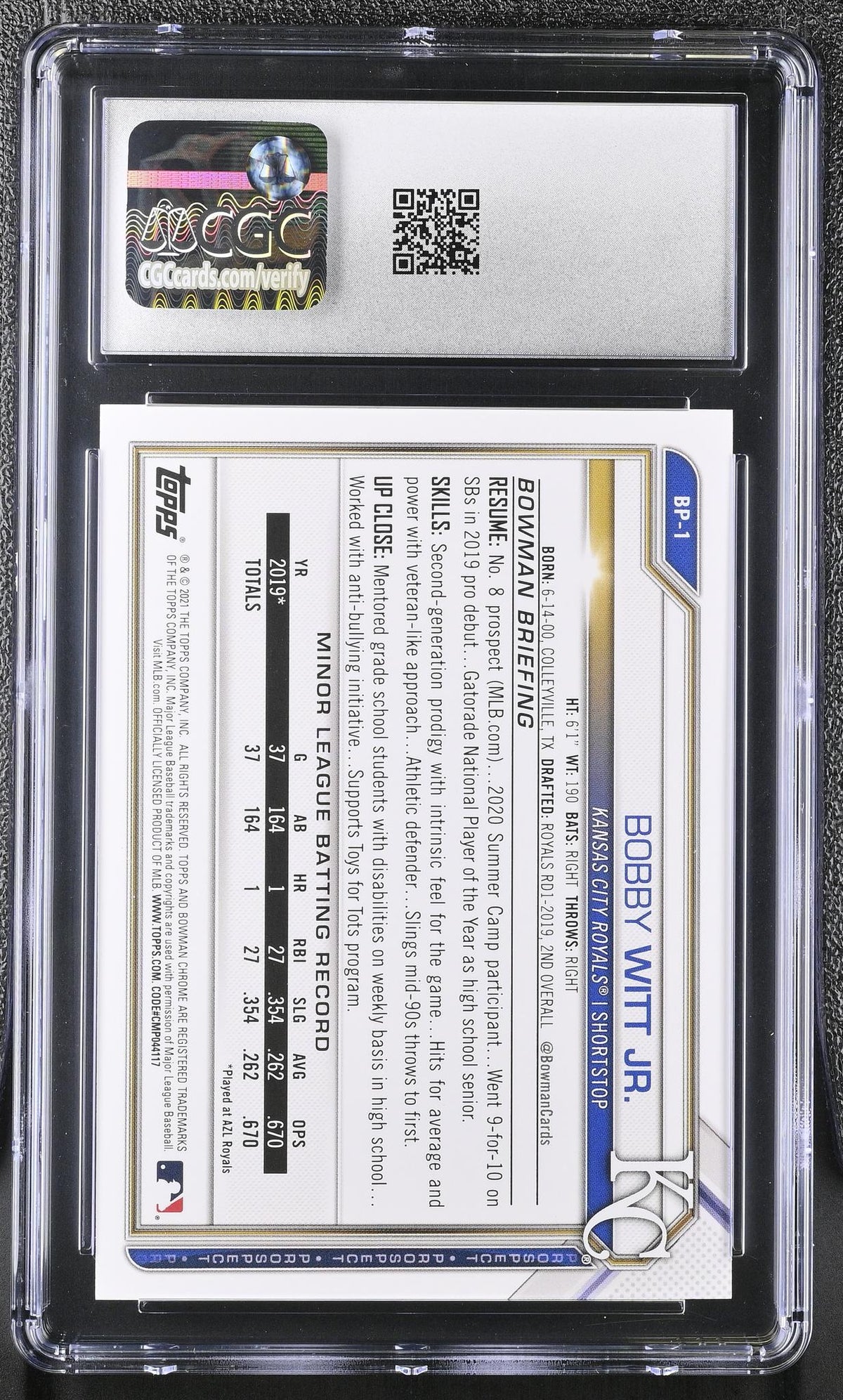 2021 Bowman Prospects Bobby Witt Jr. #BP-1 Fuchsia /299 CGC 9