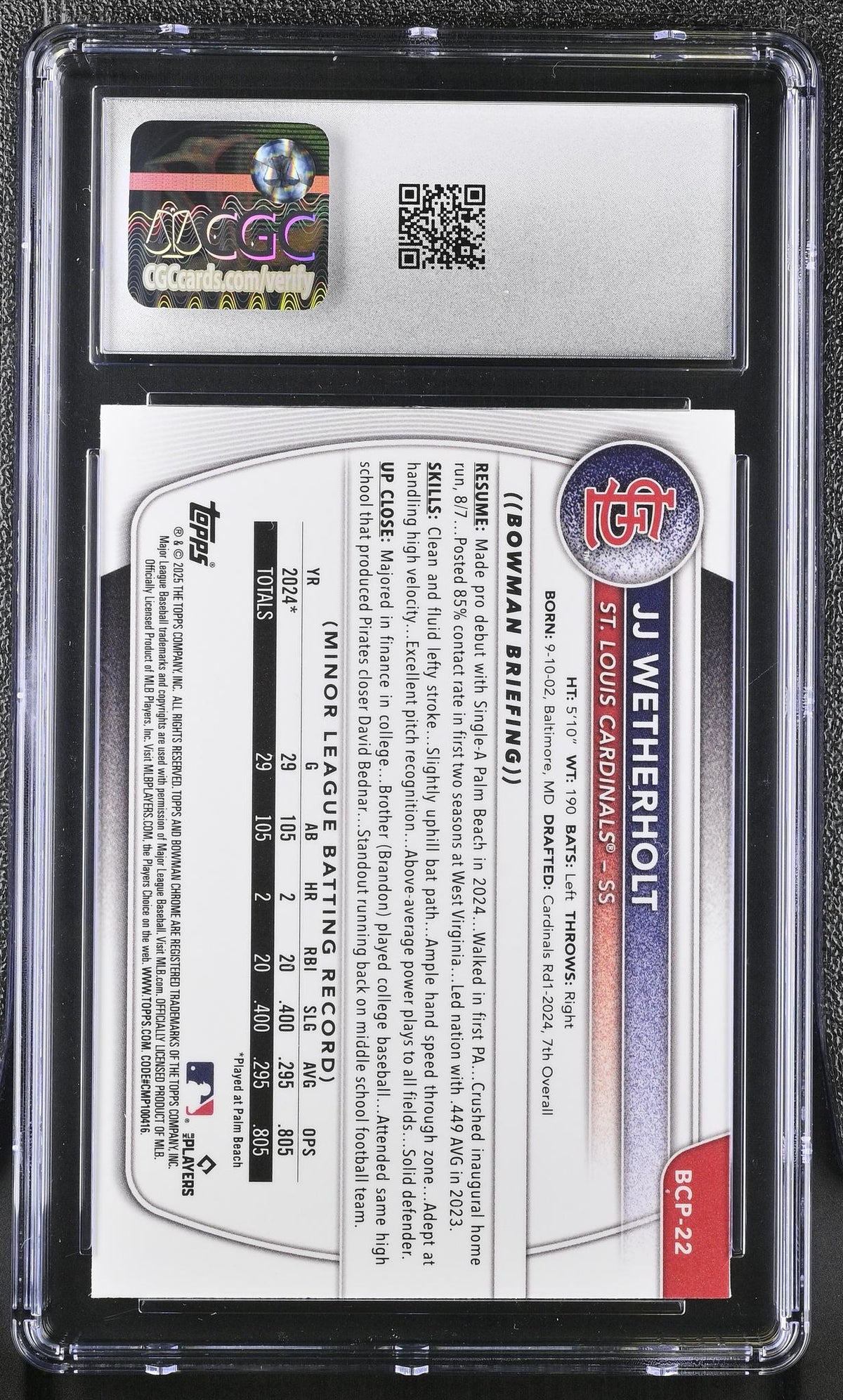 2025 Bowman Chrome Prospects JJ Wetherholt #BCP-22 CGC 10