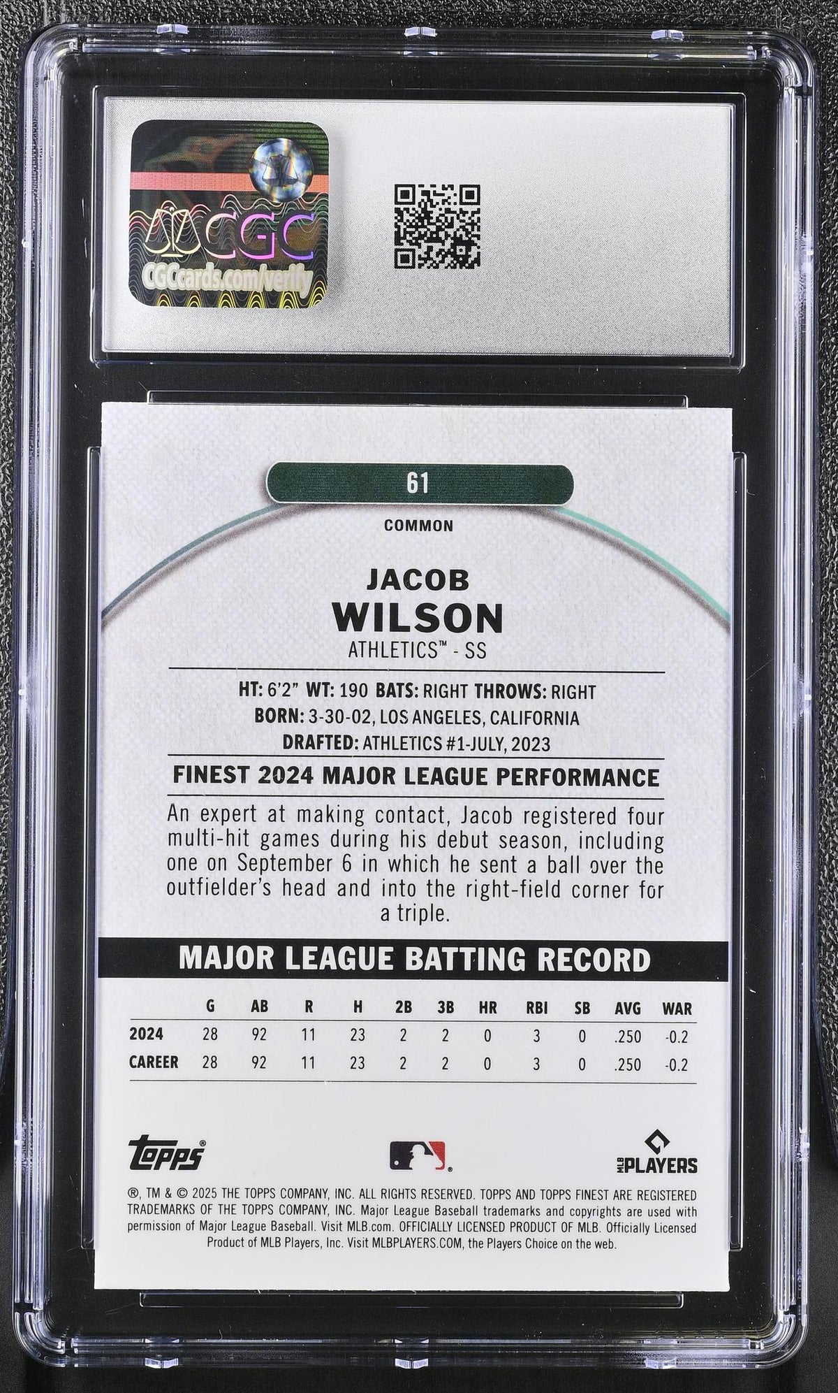 2025 Topps Finest Jacob Wilson #61 Checkerboard Refractor RC CGC 10