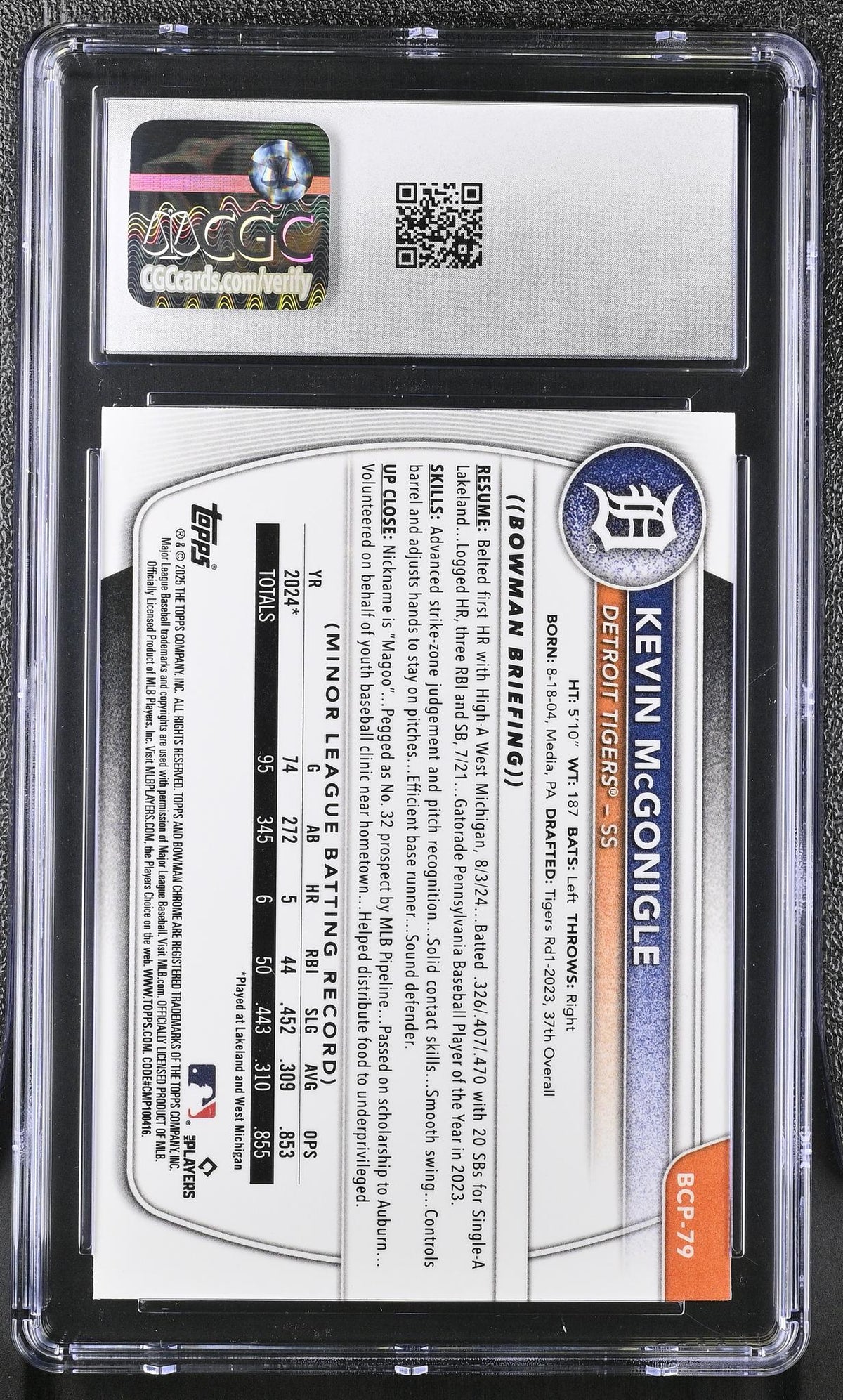 2025 Bowman Chrome Prospects Kevin McGonigle #BCP-79 CGC 10