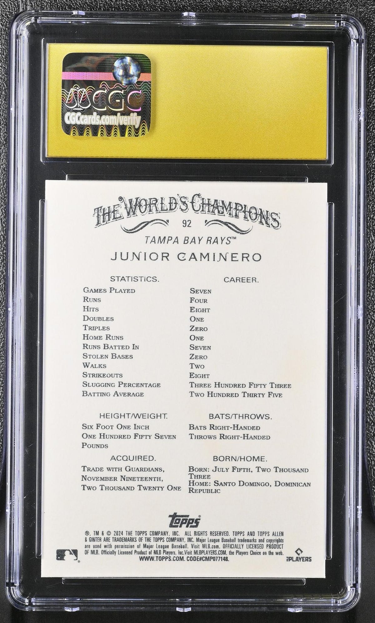 2024 Topps Allen & Ginter Junior Caminero #92 RC CGC Pristine 10