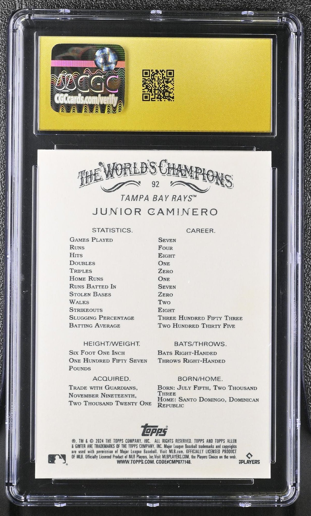 2024 Topps Allen & Ginter Junior Caminero #92 RC CGC Pristine 10