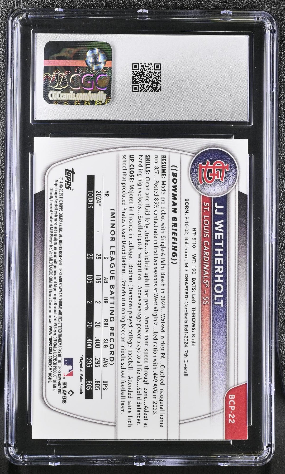 2025 Bowman Chrome Prospects JJ Wetherholt #BCP-22 1st Bowman CGC 10