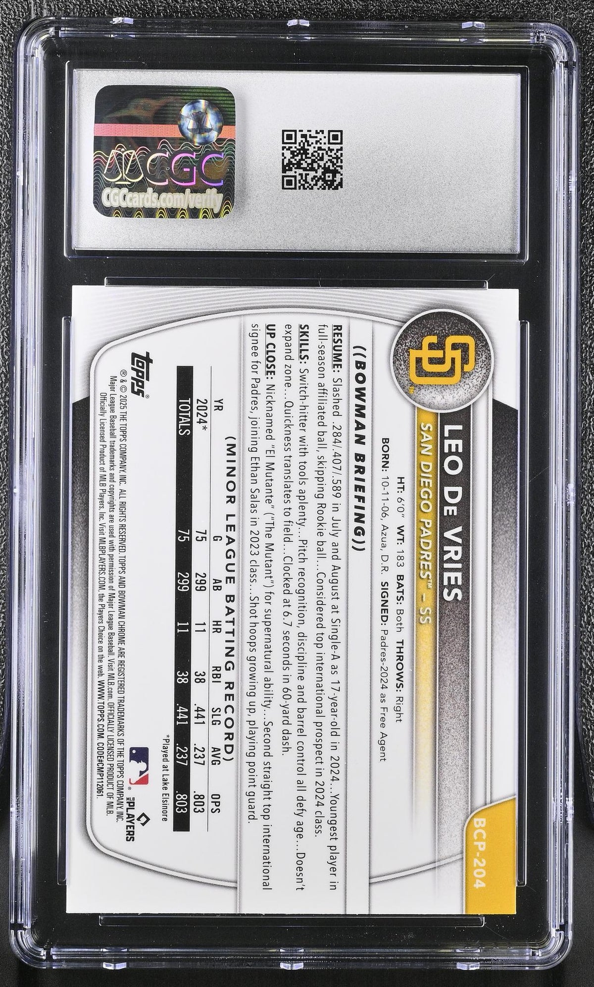 2025 Bowman Chrome Prospects Leo De Vries Yellow Geometric Refractor #BCP-204 /75 CGC 10