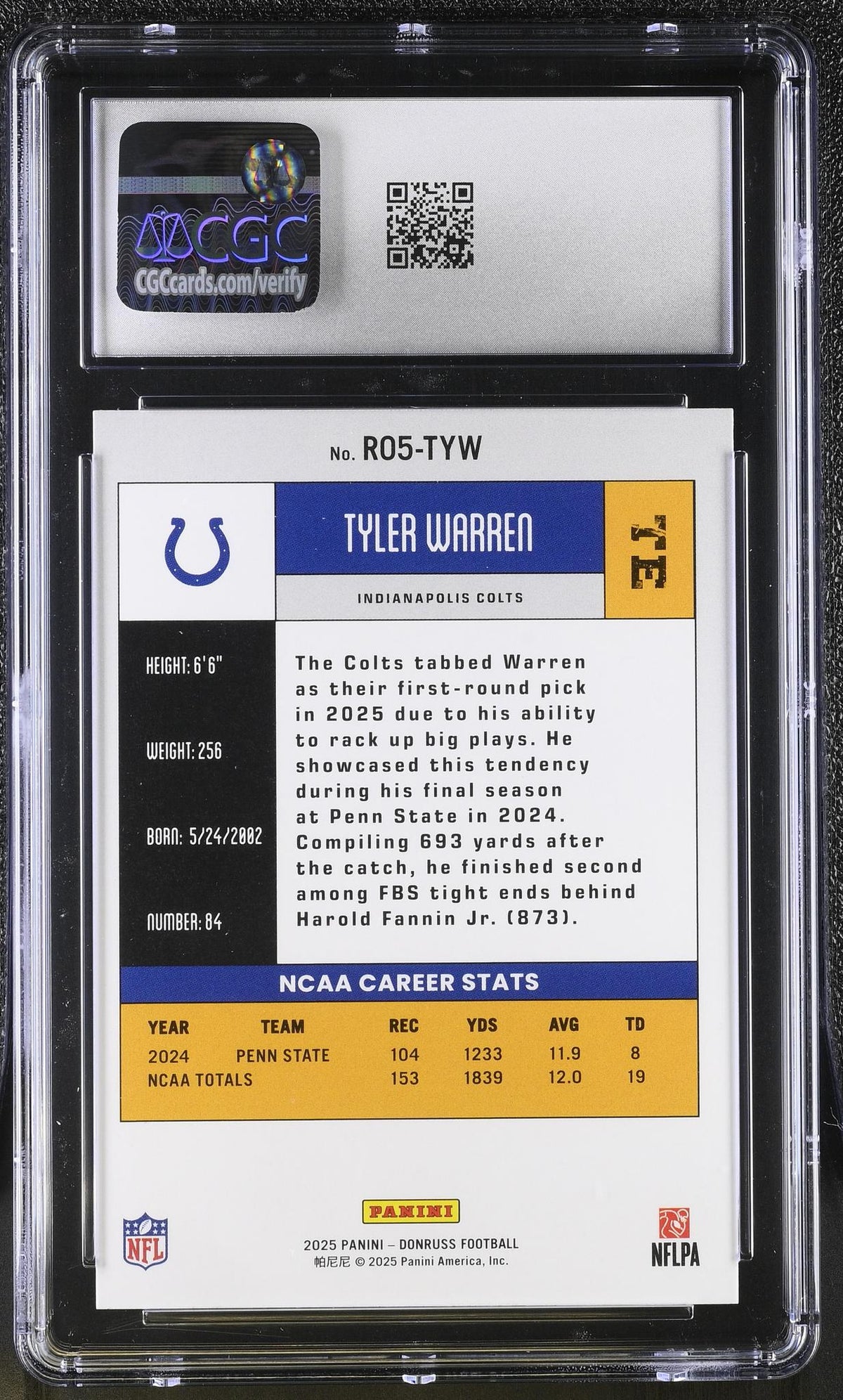 2025 Donruss Football Tyler Warren #R05-TYW Rookie RC CGC 9