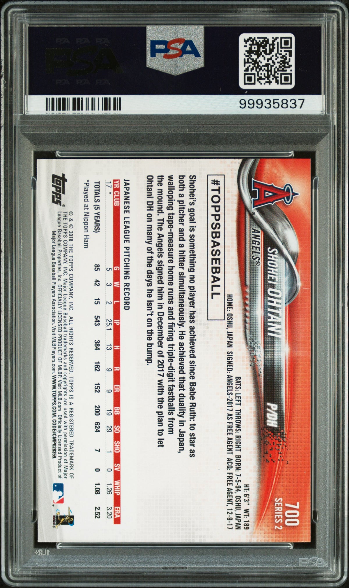 2018 Topps Pitching Shohei Ohtani #700 PSA 9