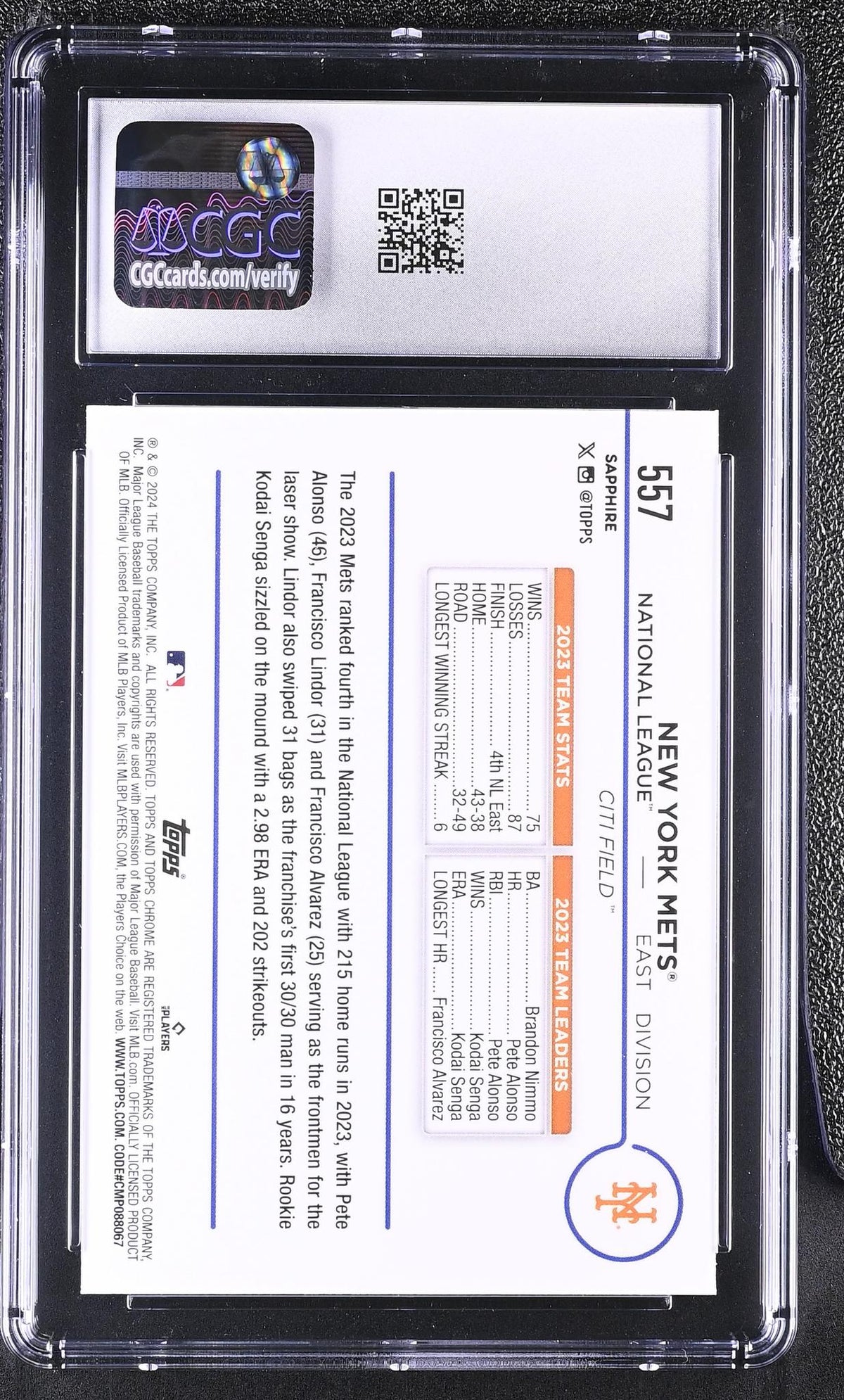 2024 Topps Chrome Sapphire New York Mets #557 CGC 10