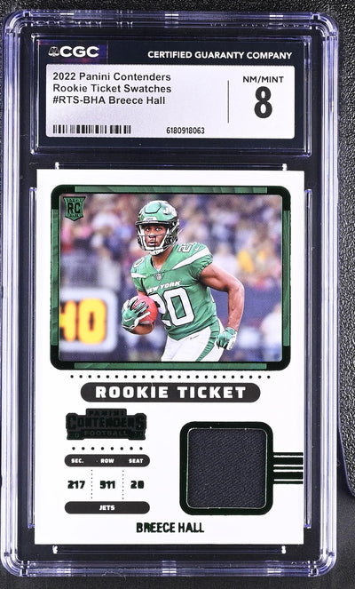 2022 Panini Contenders Breece Hall Rookie Ticket Swatches #RTS-BHA CGC 8