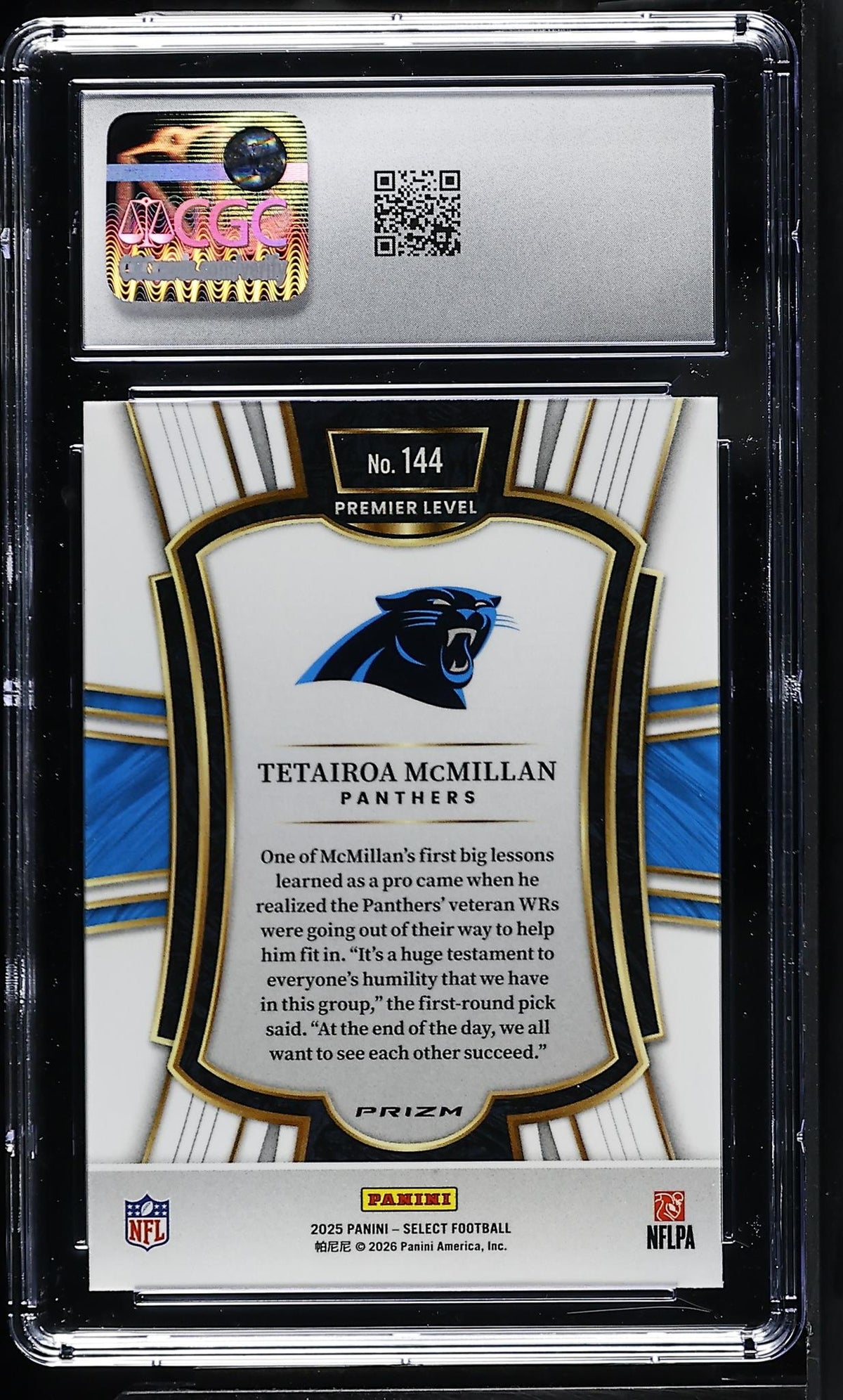 2025 Panini Select Tetairoa McMillan #144 Premier Level Silver RC CGC 8.5
