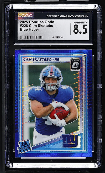 2025 Donruss Optic Cam Skattebo #228 Rated Rookie Blue Hyper CGC 8.5