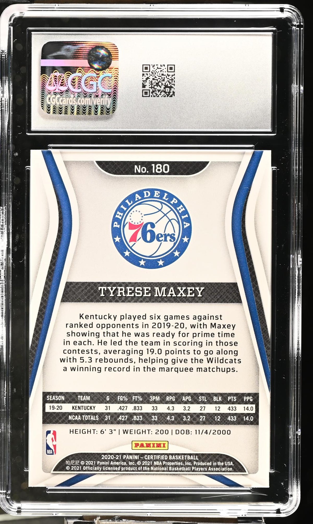 2020-21 Panini Certified Tyrese Maxey #180 RC CGC 9.5