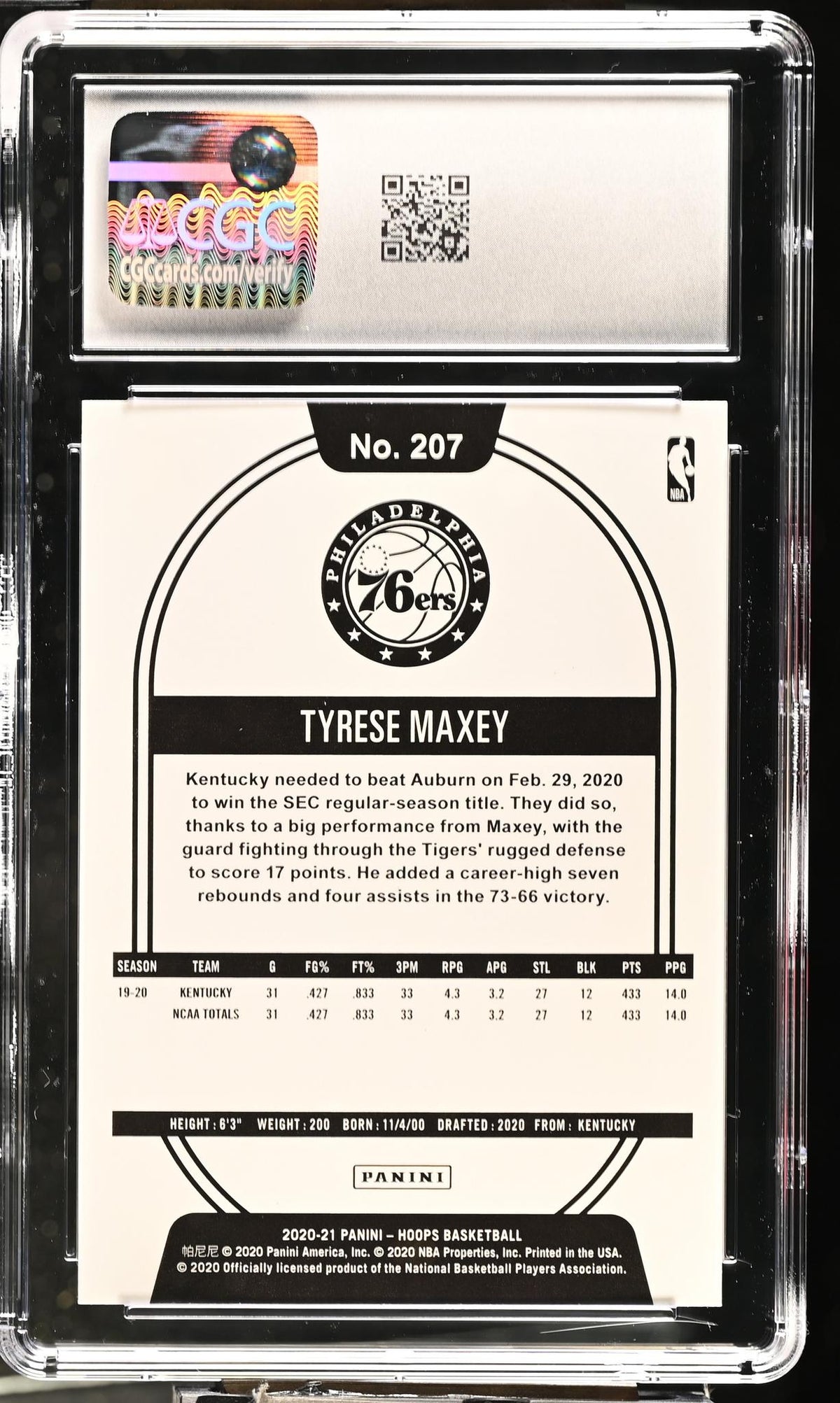 2020-21 Panini NBA Hoops Tyrese Maxey #207 Rookie CGC 10