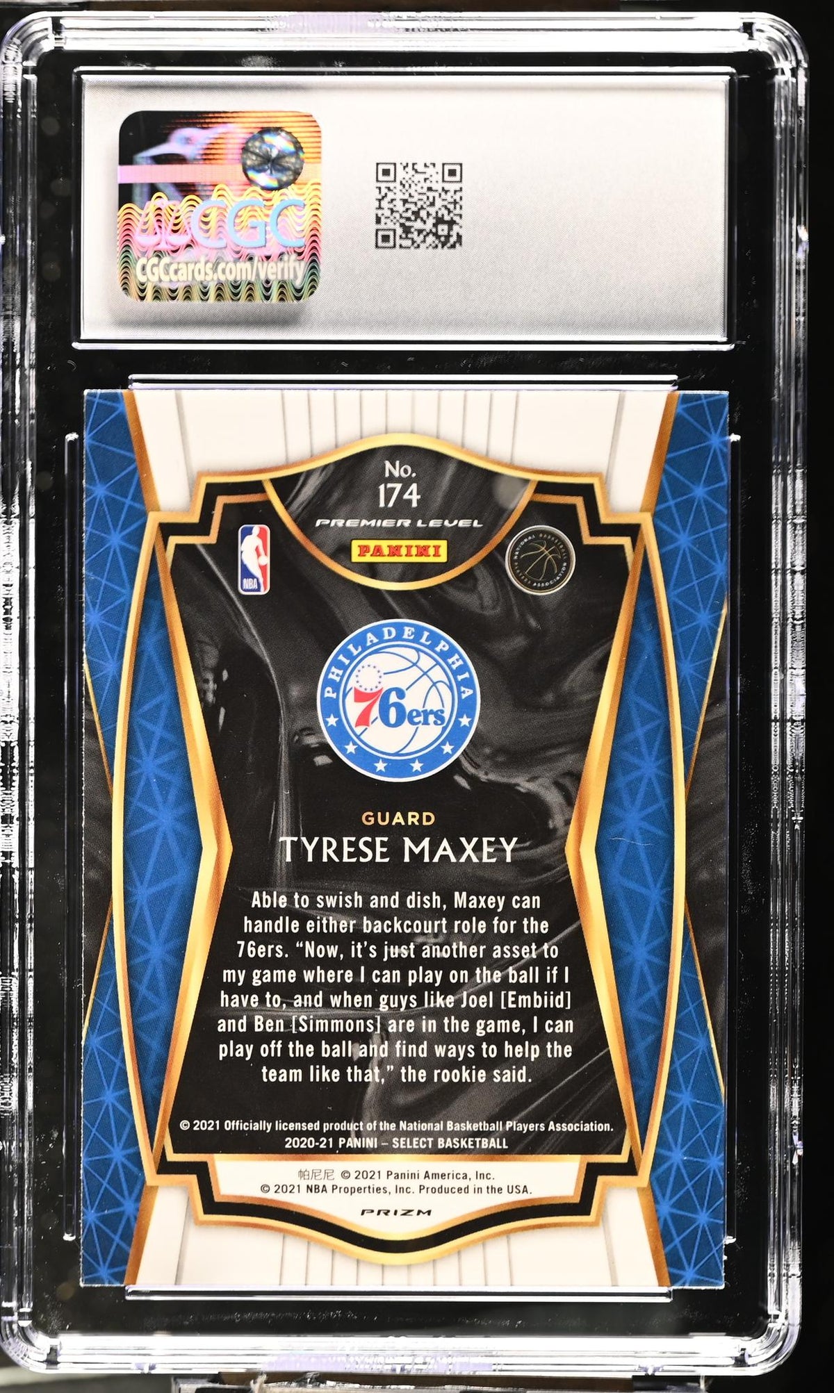 2020-21 Panini Select Tyrese Maxey #174 Blue Premier Level RC CGC 9
