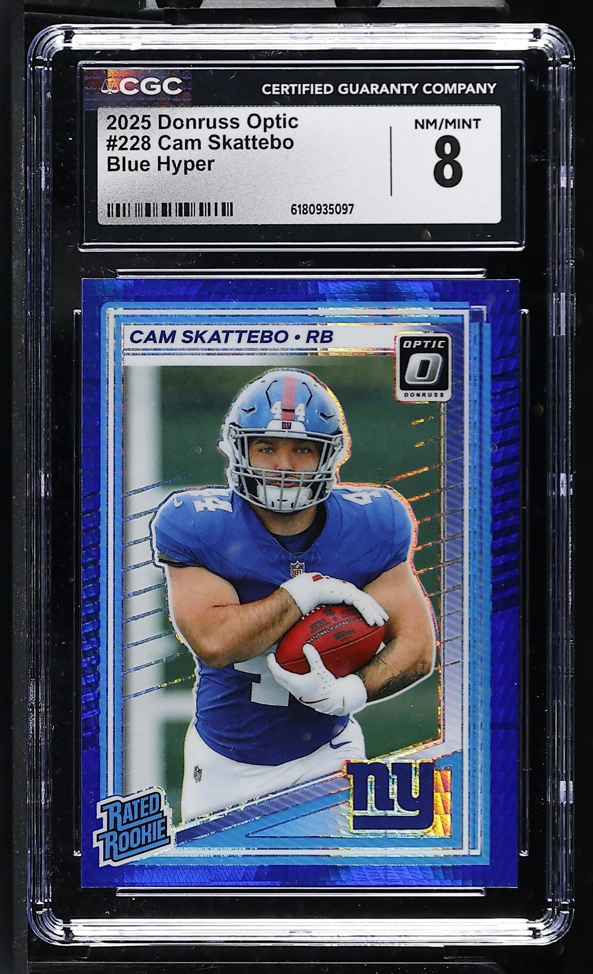 2025 Panini Donruss Optic Cam Skattebo #228 Rated Rookie Blue Hyper CGC 8