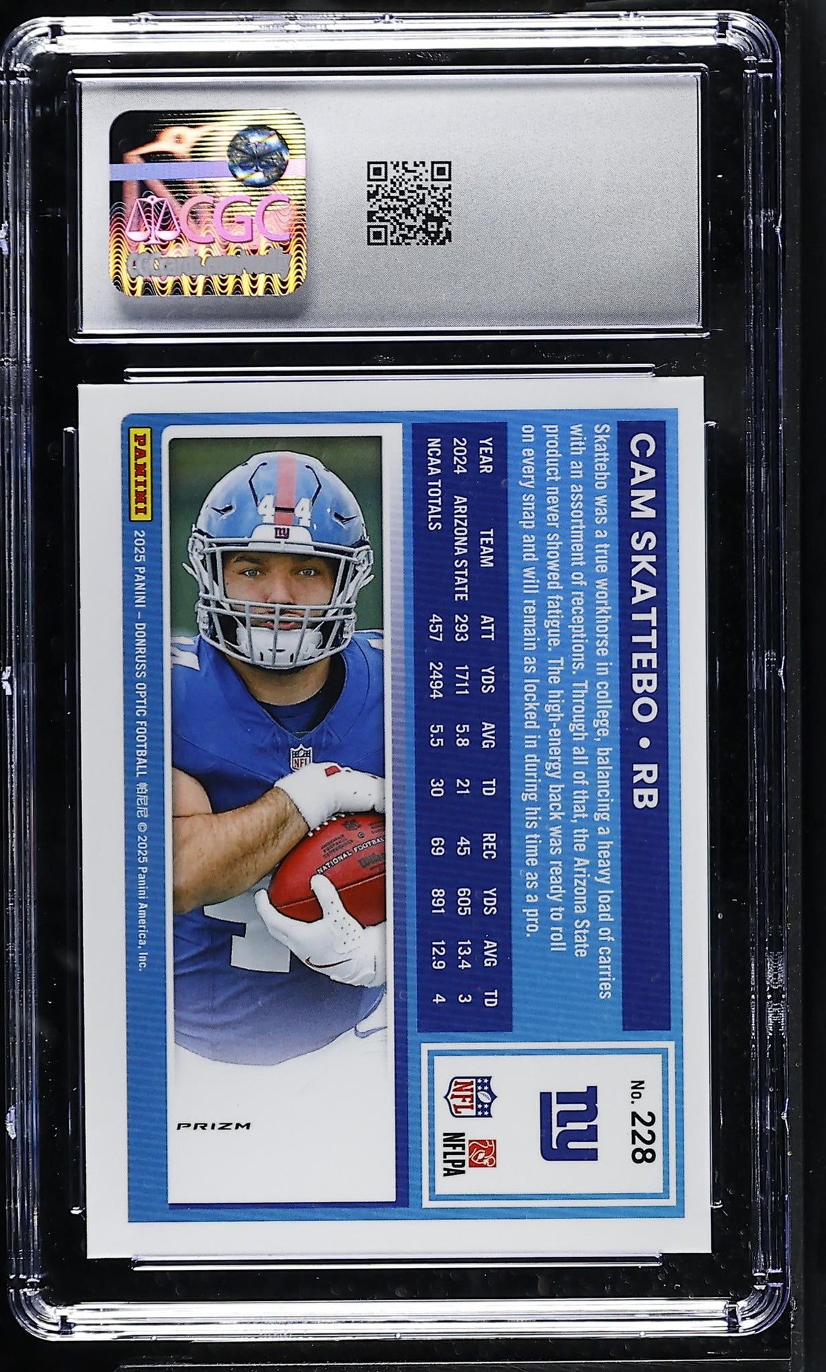 2025 Panini Donruss Optic Cam Skattebo #228 Rated Rookie Blue Hyper CGC 8