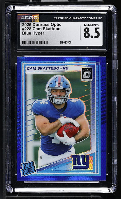 2025 Panini Donruss Optic Cam Skattebo #228 Blue Hyper Rated Rookie CGC 8.5