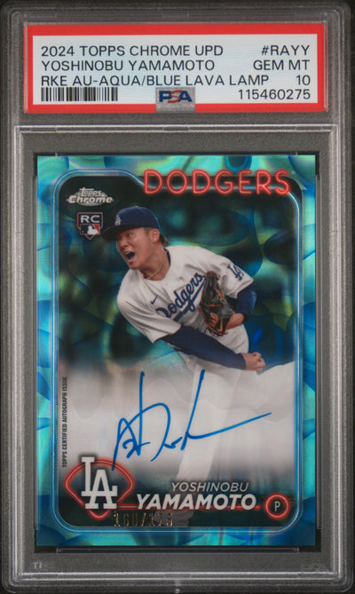 2024 Topps Chrome Update Rookie Autograph Aqua Blue Lava Lamp Refractor Yoshinobu Yamamoto #RAYY /175 PSA 10
