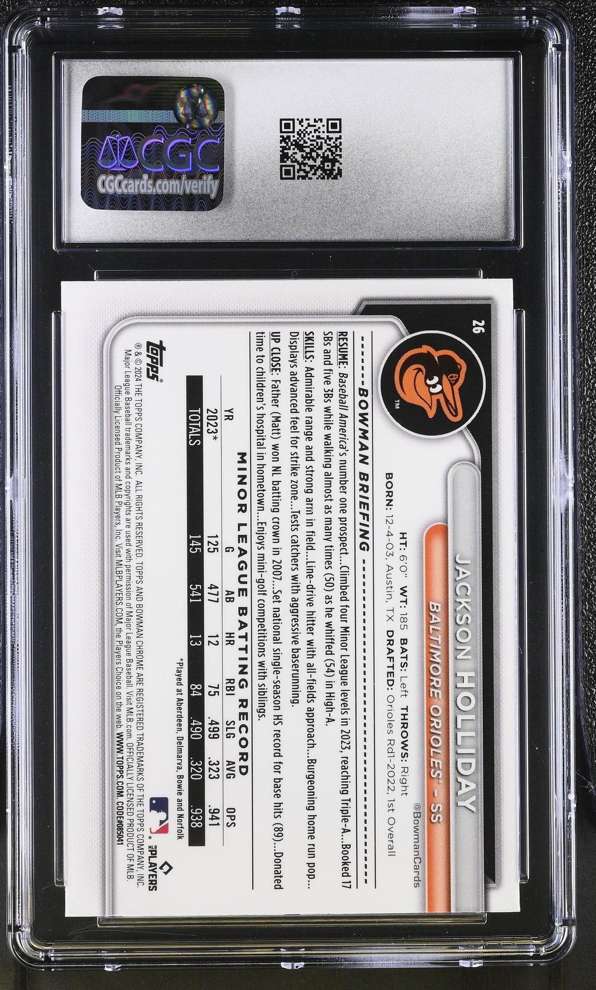 2024 Bowman Chrome Jackson Holliday RC #26 CGC 9.5