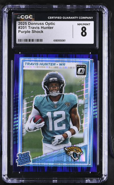 2025 Panini Optic Travis Hunter #201 Rookie Purple Shock CGC 8