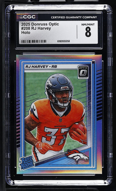 2025 Donruss Optic RJ Harvey #208 Rated Rookie Holo CGC 8